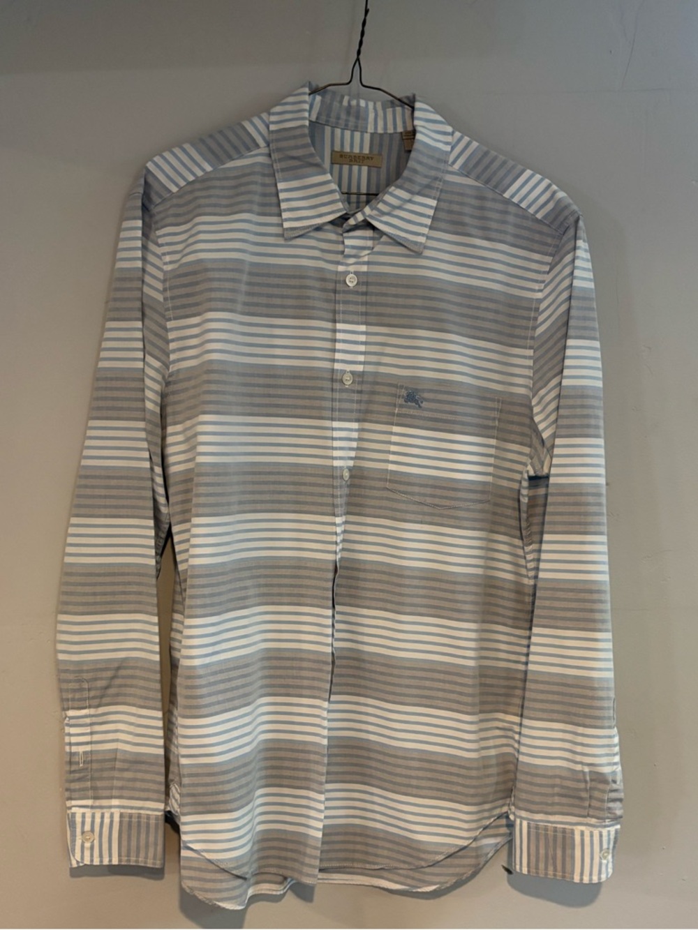 Men's Striped Button-Up Shirt - Gray & White by Burberry. Size large